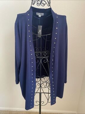 JM Collection Navy Stud-Trim Open Cardigan